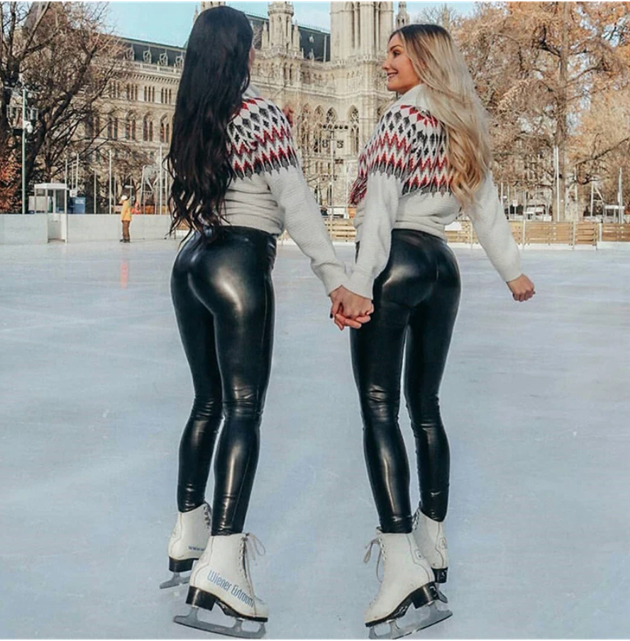 Flauschige Winter PU Leder Leggings